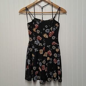 GARAGE Sleeveless Shorts Romper Womens XS Black Flower Print Sheer Mesh Overlay